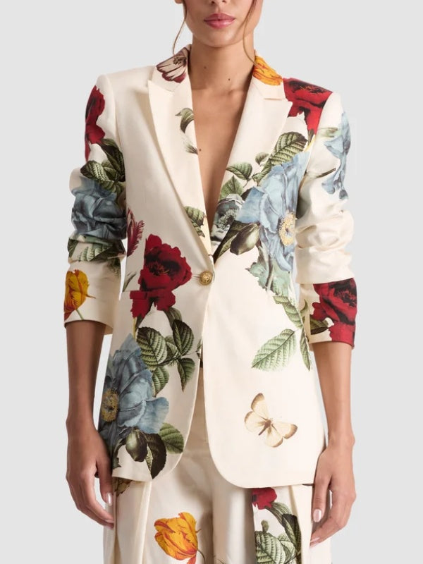 Floral Print Blazer with Long Sleeves, Button Closure, Pockets, and Notched Collar