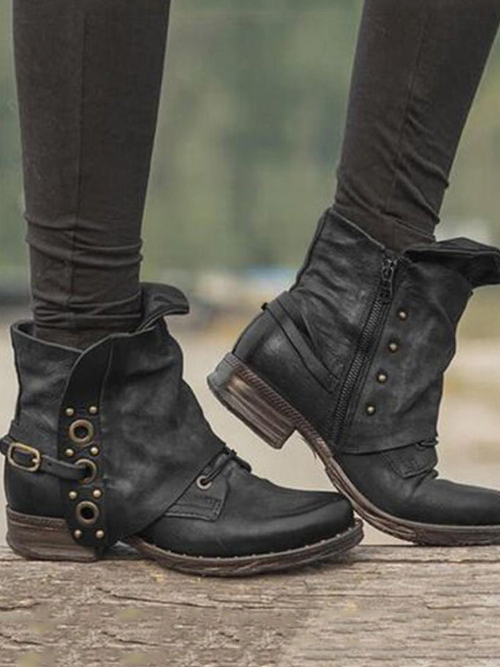Retro Studded Buckle Ankle Boots