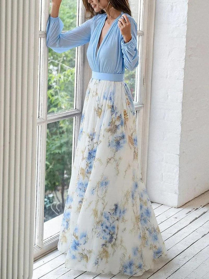 Elegant V-Neck Maxi Dress with Beautiful Floral Print