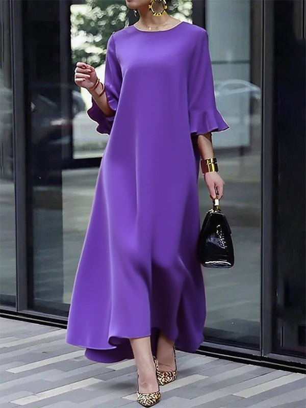 Solid Color Maxi Dress with A-Line Silhouette and Flared Sleeves featuring a Zippered Round Neck
