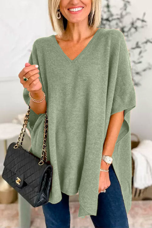 Stylish V-Neck Loose-Fit Solid Poncho Sweater