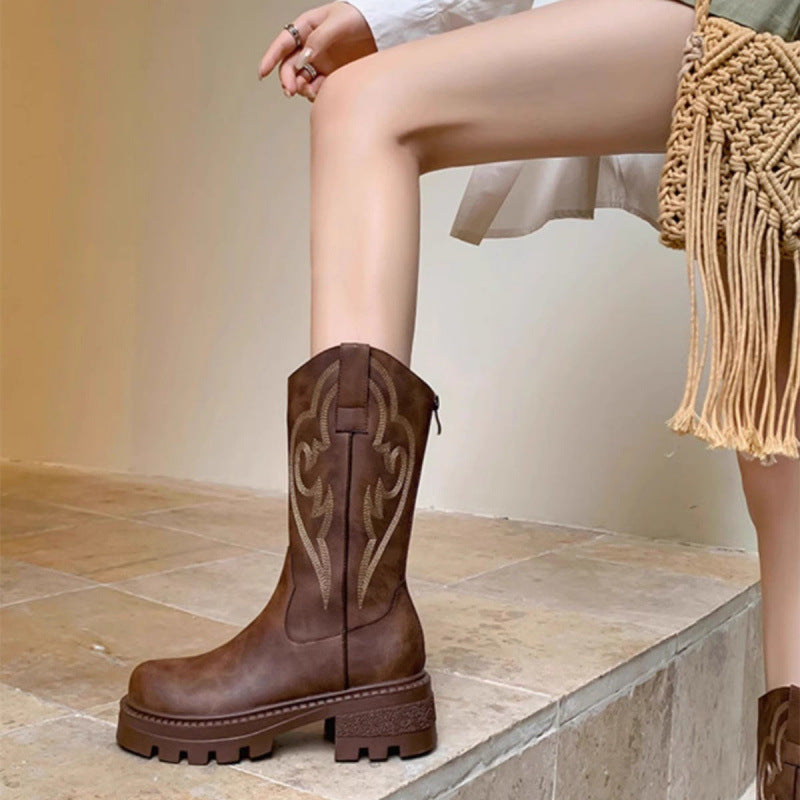Vintage Style Soft Leather Mid-Calf Boots with Thick Soles - Versatile Design