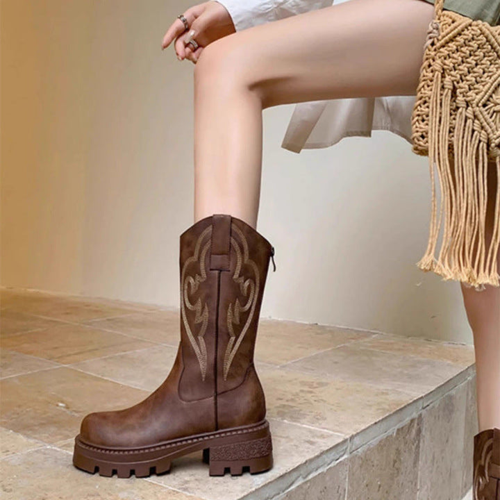 Vintage Style Soft Leather Mid-Calf Boots with Thick Soles - Versatile Design