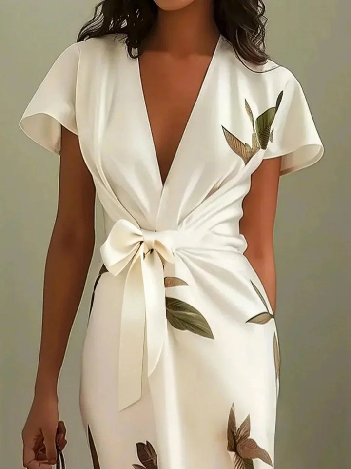 White Leaf Satin Wrap Midi Dress with Short Sleeves