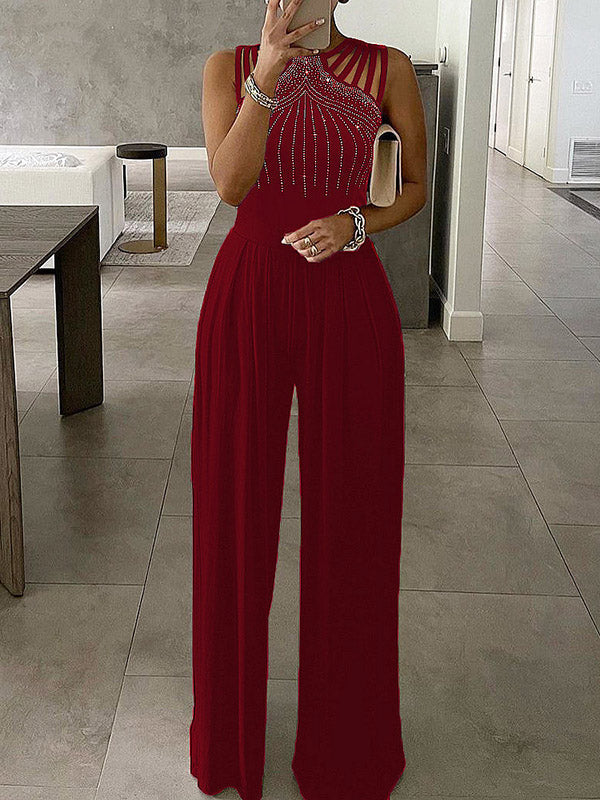 Rhinestone-Embellished Sleeveless Wide-Leg Jumpsuit
