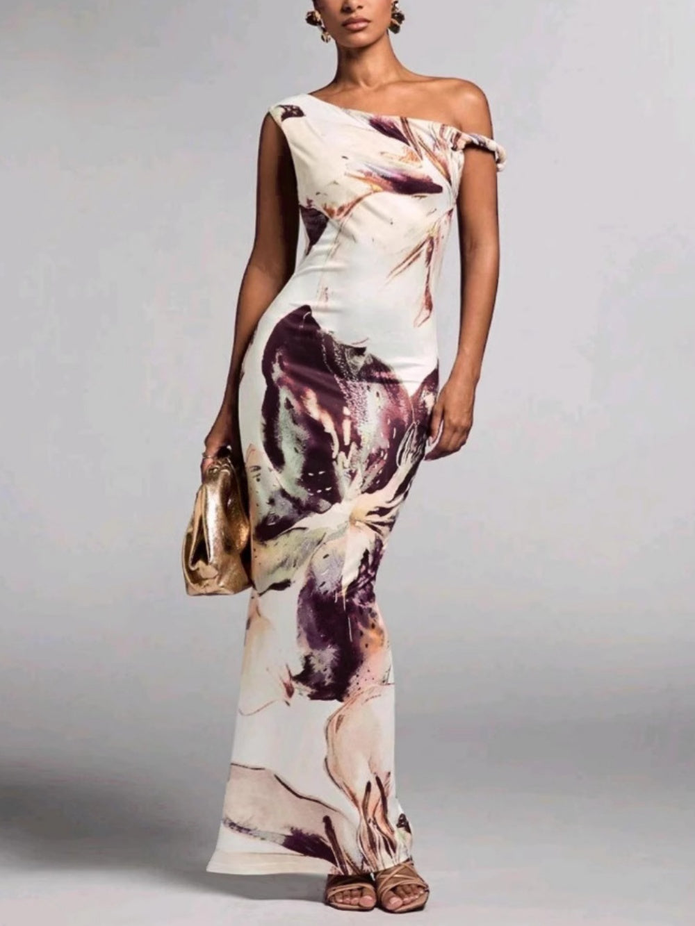 One-Shoulder Maxi Dress with Printed Pleats