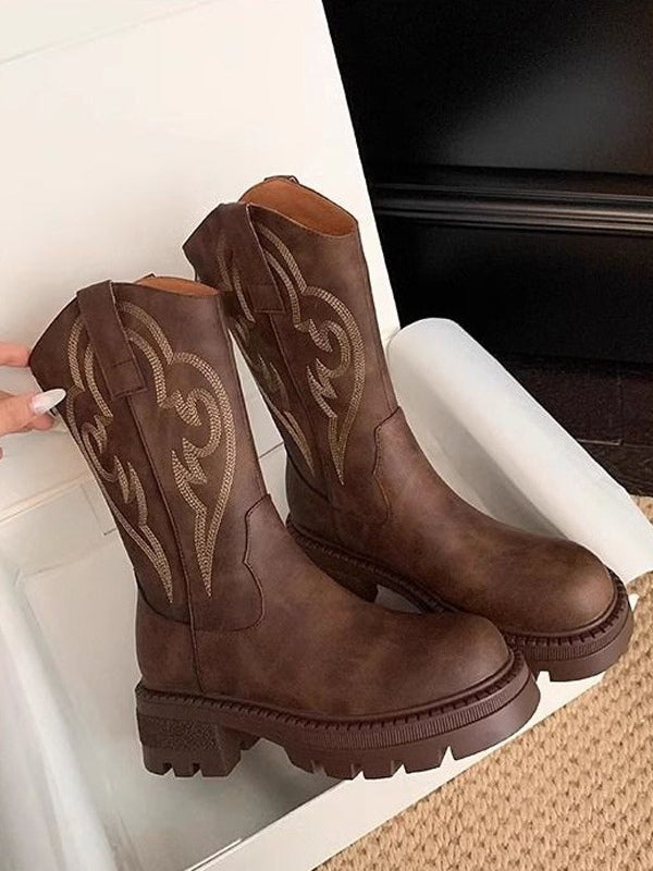 Vintage Style Soft Leather Mid-Calf Boots with Thick Soles - Versatile Design