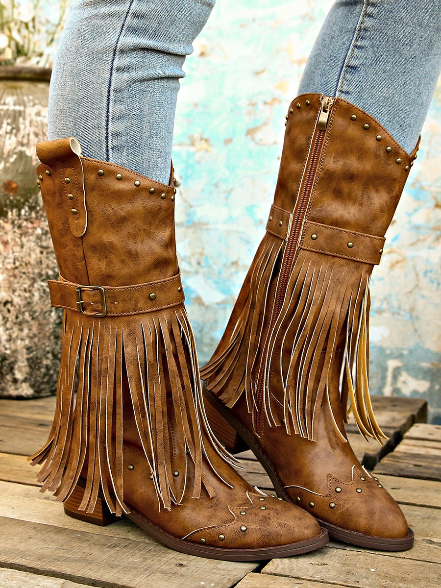 Vintage-Inspired Tassel Rivet Belted Knight Boots