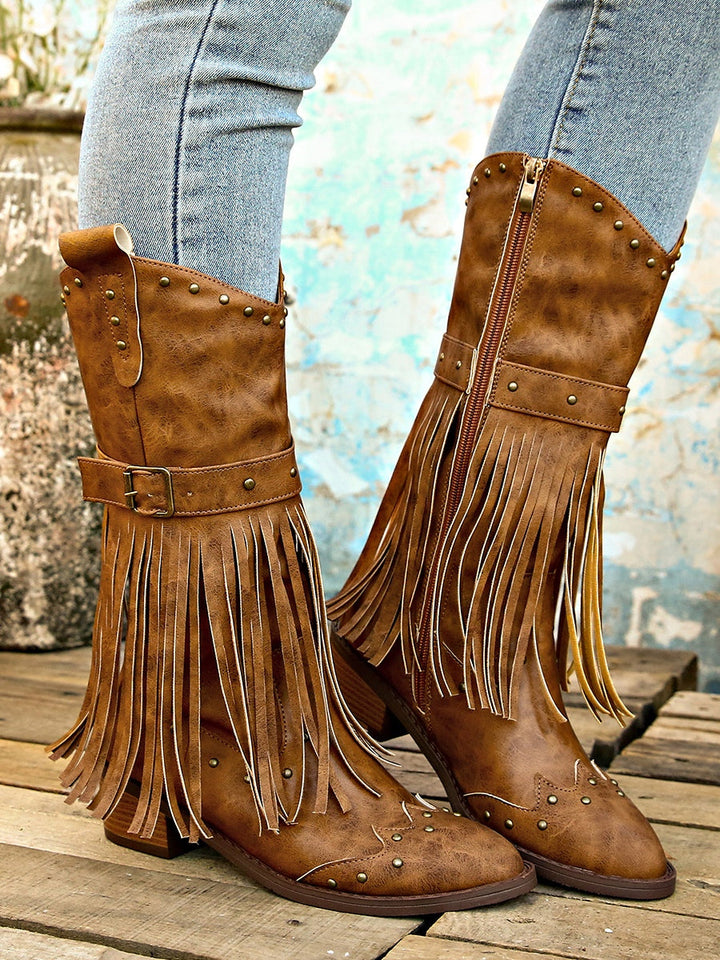 Vintage-Inspired Tassel Rivet Belted Knight Boots