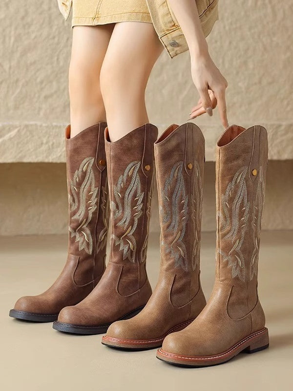 Brown Long Boots with Embroidered Design and Back Zipper