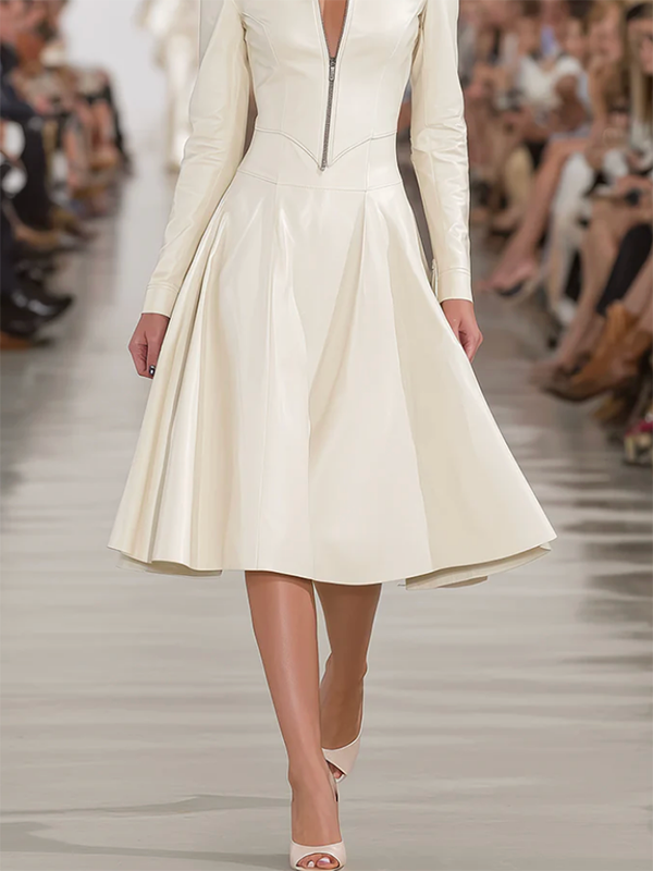 Soft Midi Dress with Long Sleeves, Zipper Lapel, and Slim Fit
