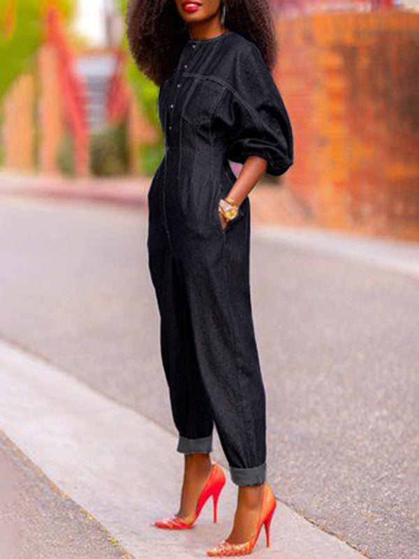 Round-Neck Jumpsuit with Puff Sleeves and Split Joint Design