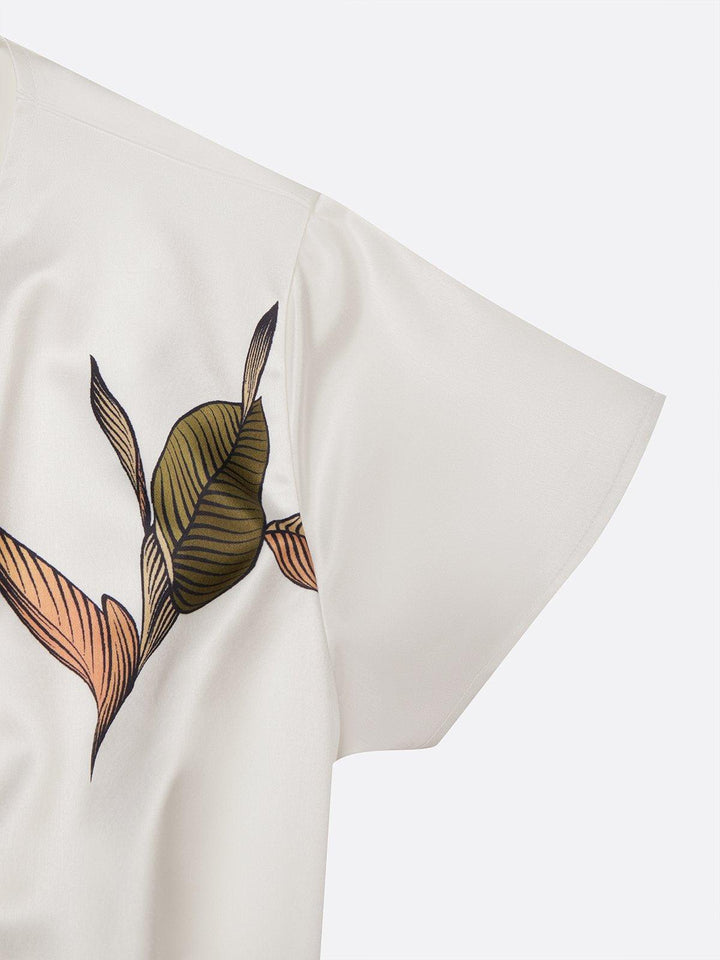 White Leaf Satin Wrap Midi Dress with Short Sleeves