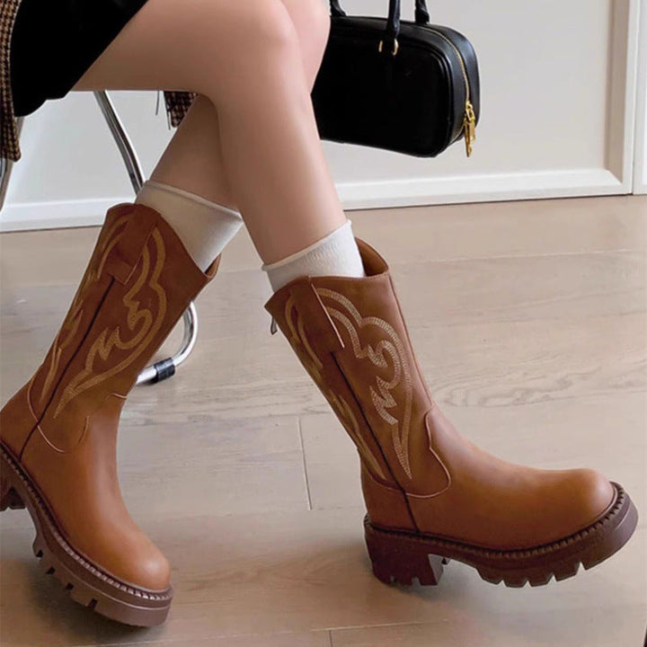 Vintage Style Soft Leather Mid-Calf Boots with Thick Soles - Versatile Design