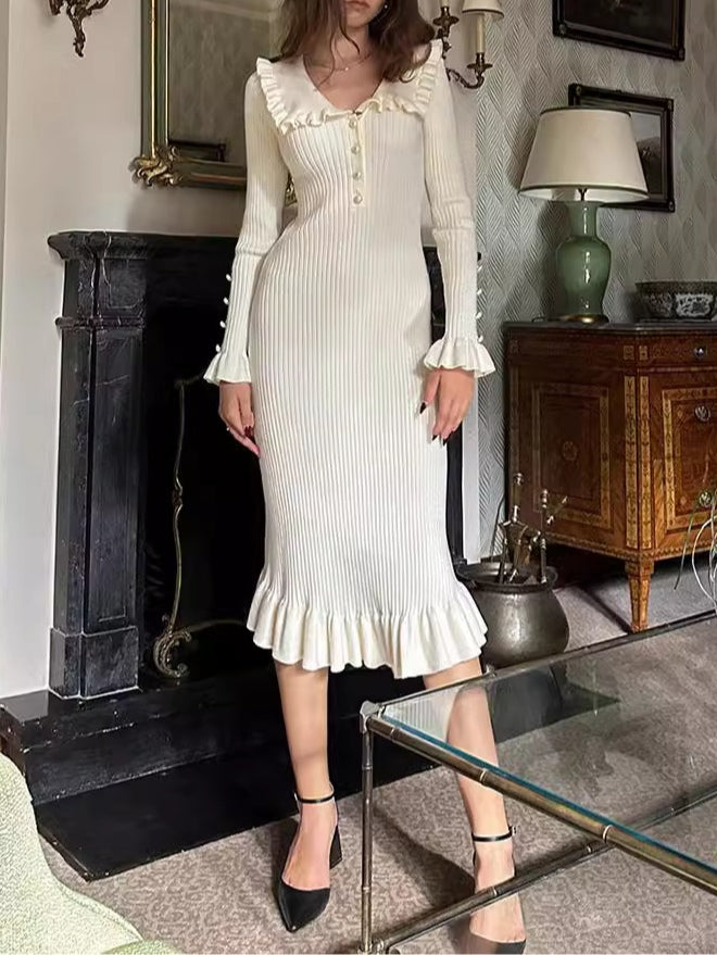 Knitted Midi Dress with Ruffled Long Sleeves