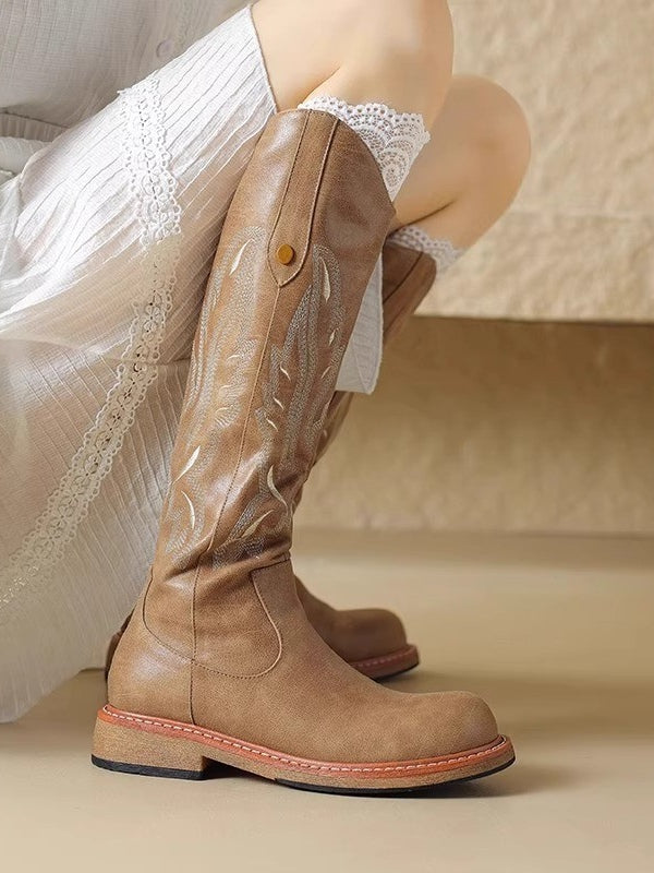 Brown Long Boots with Embroidered Design and Back Zipper