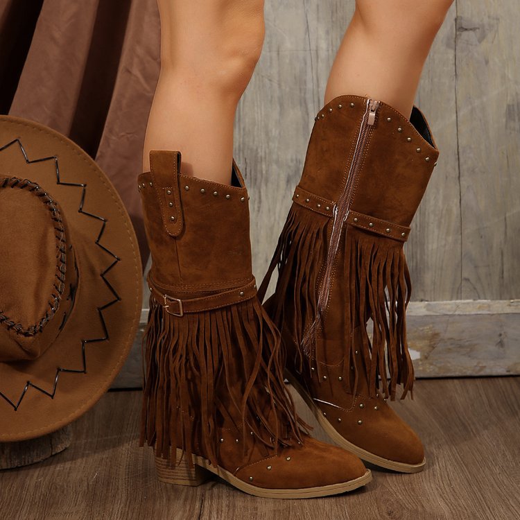 Vintage-Inspired Tassel Rivet Belted Knight Boots
