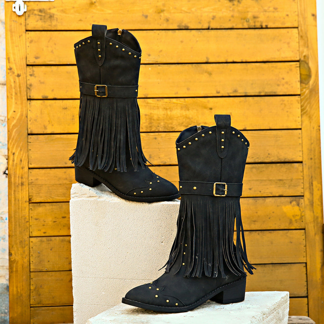 Vintage-Inspired Tassel Rivet Belted Knight Boots