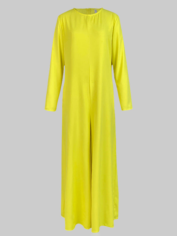 Relaxed Fit Wide Leg Jumpsuit with Pockets and Round Neck