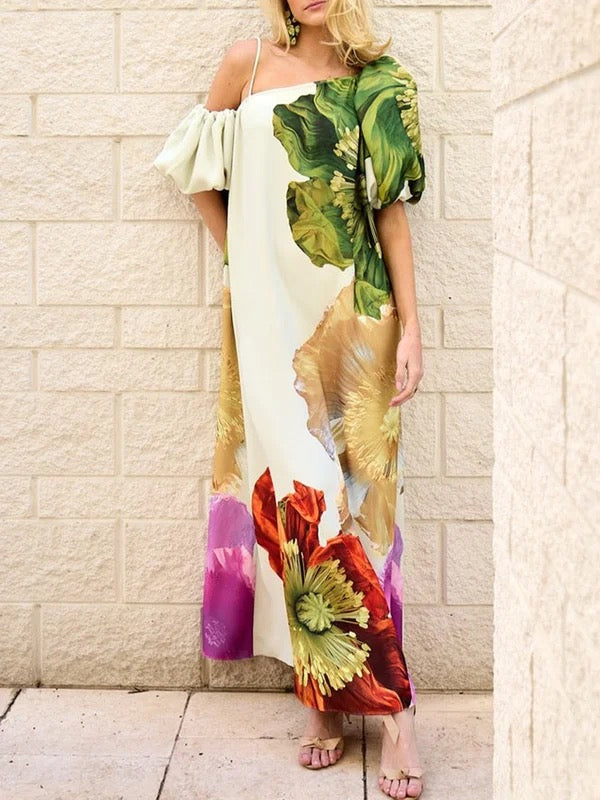 One-Shoulder A-Line Maxi Dress with Loose Fit and Floral Print