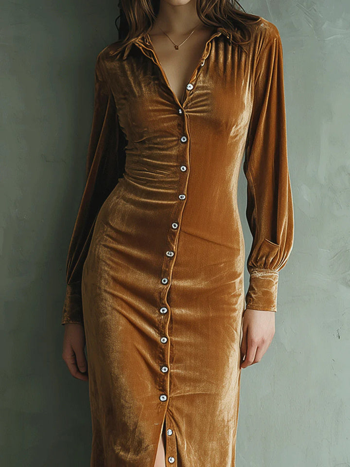 Retro Velvet Button-Up Midi Dress