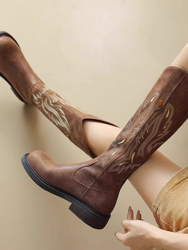 Brown Long Boots with Embroidered Design and Back Zipper