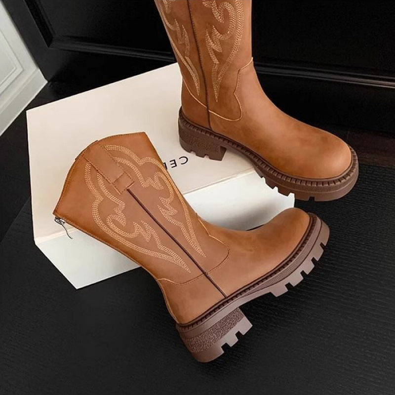 Vintage Style Soft Leather Mid-Calf Boots with Thick Soles - Versatile Design