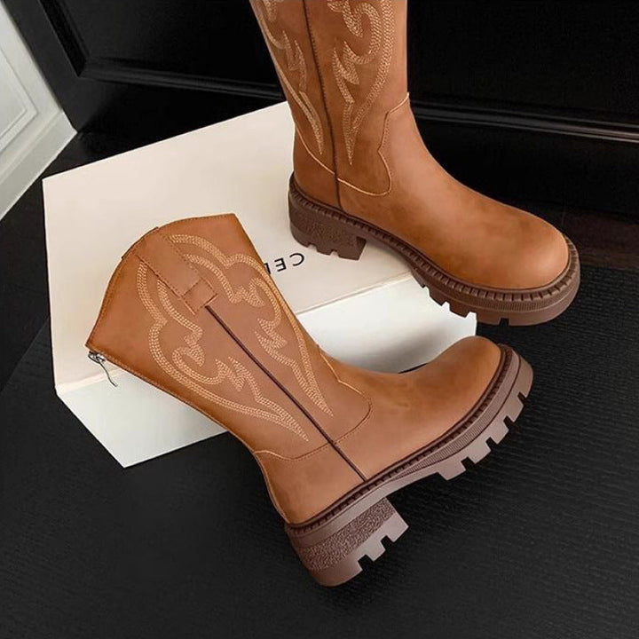 Vintage Style Soft Leather Mid-Calf Boots with Thick Soles - Versatile Design