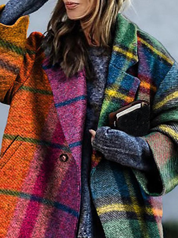 Plaid Woolen Coat with Long Sleeves and Contrast Color Split-Joint Lapel