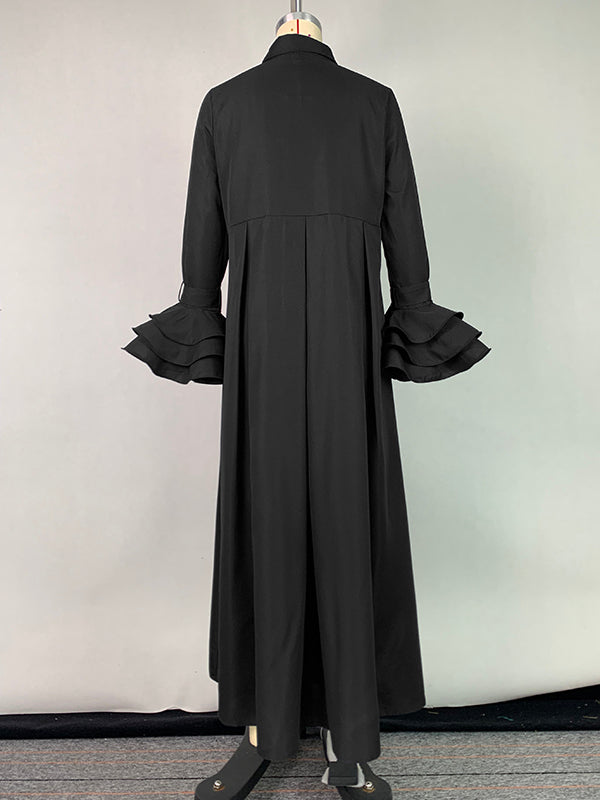 Maxi Shirt Dress with Flared Sleeves, Pleated Design, and Split-Joint Lapel