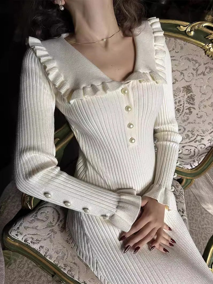 Knitted Midi Dress with Ruffled Long Sleeves