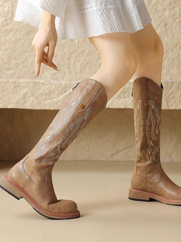 Brown Long Boots with Embroidered Design and Back Zipper