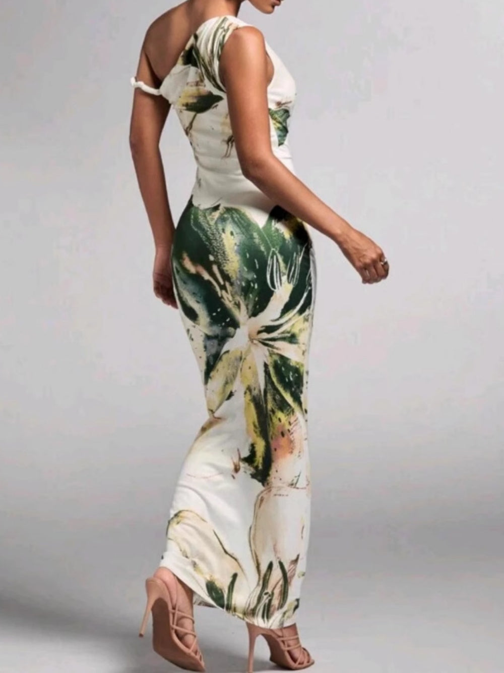 One-Shoulder Maxi Dress with Printed Pleats