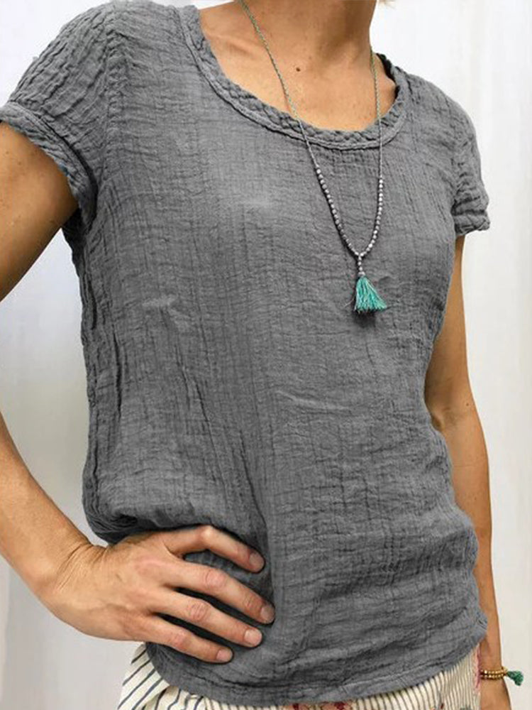 Vintage Round Neck Cotton-Linen Casual Shirt