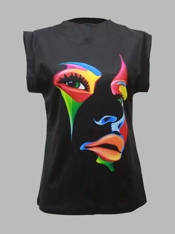 High-Neck Cap Sleeve Loose-Fit Multi-Colored Printed T-Shirt