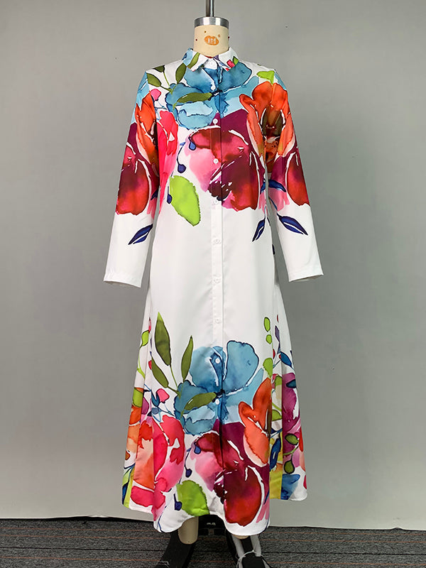 Floral Print Maxi Shirt Dress with Long Sleeves and Button Closure