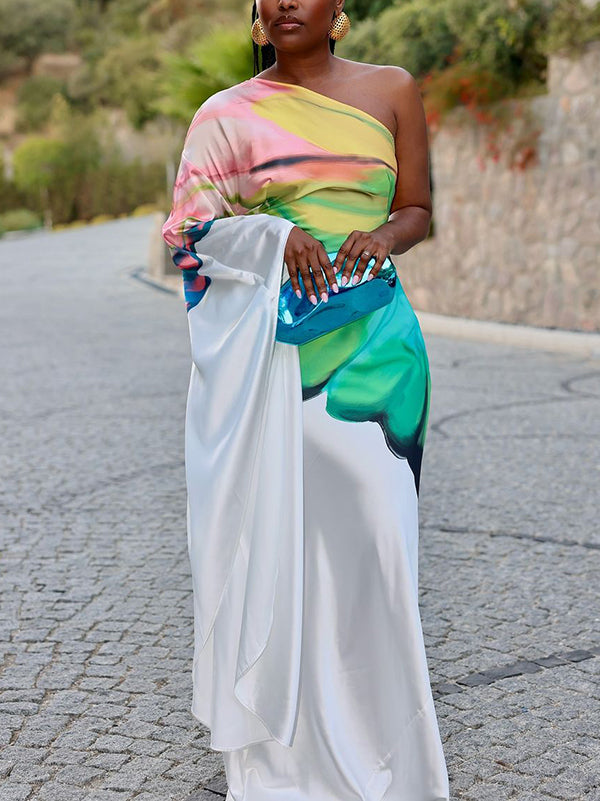 One-Shoulder Maxi Dress with Long Sleeves and Asymmetric Flower Print