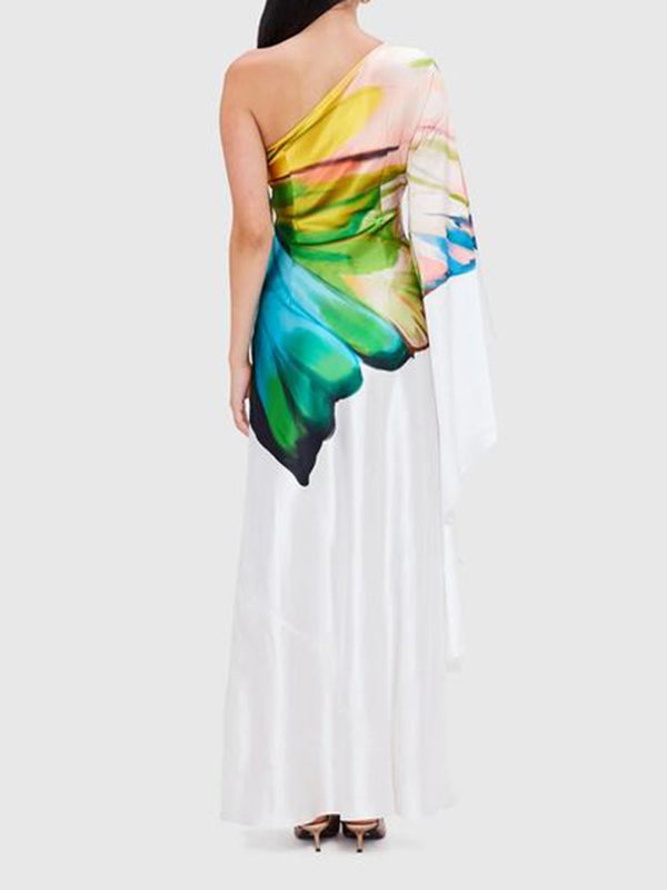 One-Shoulder Maxi Dress with Long Sleeves and Asymmetric Flower Print