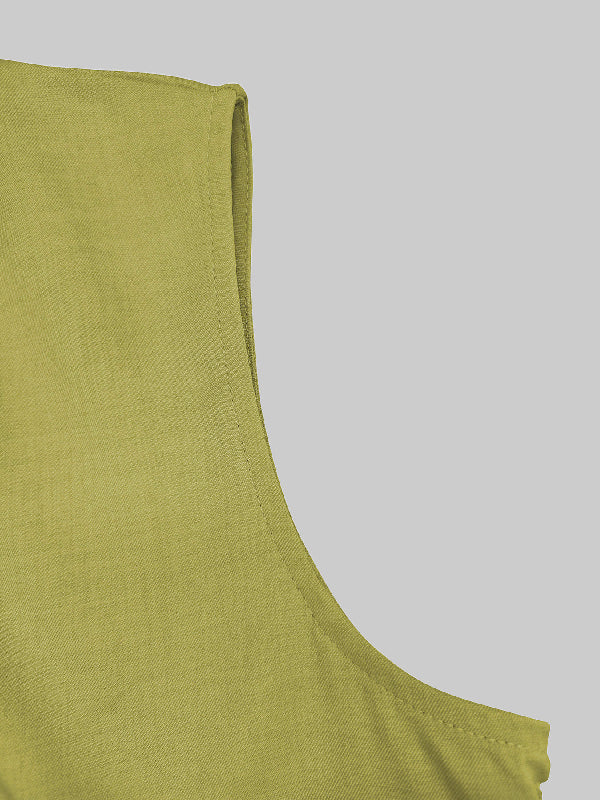 Maxi Dress with A-Line Loose Fit, Pleats, Pockets, Split Joint, and Zipper - Round Neck Design