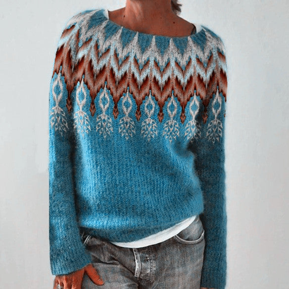 Relaxed Fit Crew Neck Sweater with Feather Print