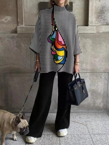 Striped Stand Collar T-Shirt with Loose Three-Quarter Sleeves and Figure Print