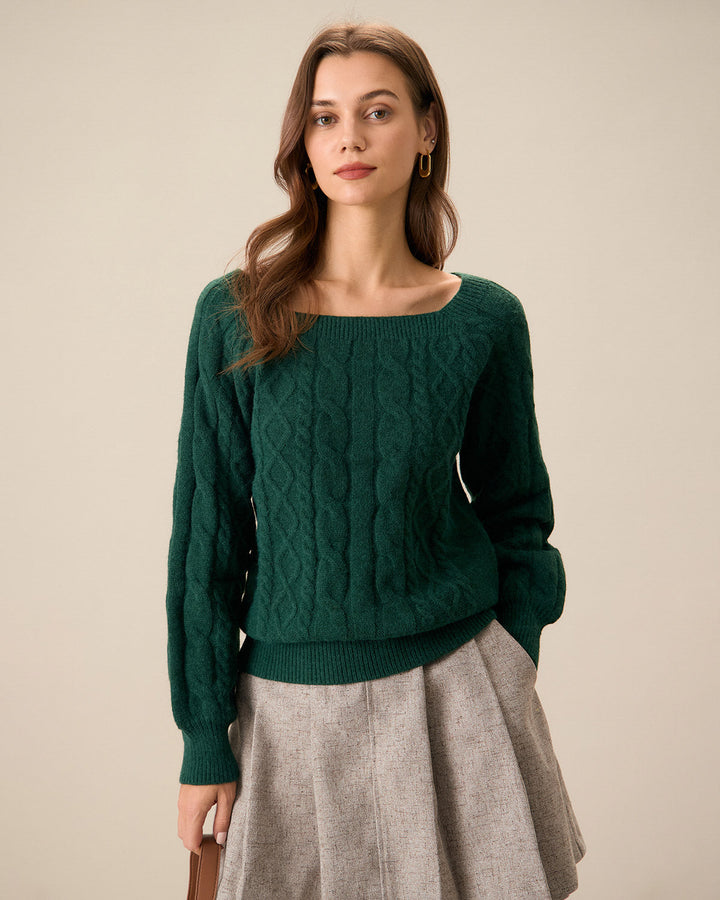 Green Romance – Rundhals-Pullover mit Zopfmuster