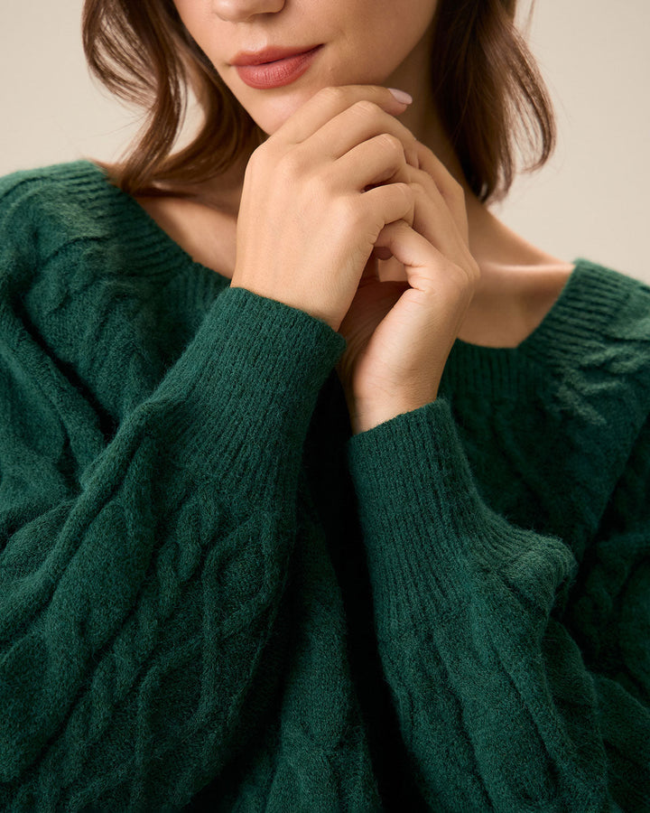 Green Romance – Rundhals-Pullover mit Zopfmuster