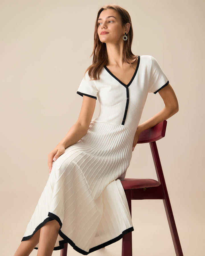 Kontrastierendes Damen-Midikleid in Weiß mit Pullover