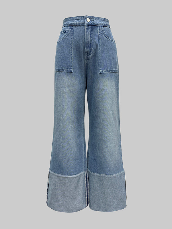 High-Waisted Wide-Leg Jeans with Contrast Color and Pockets