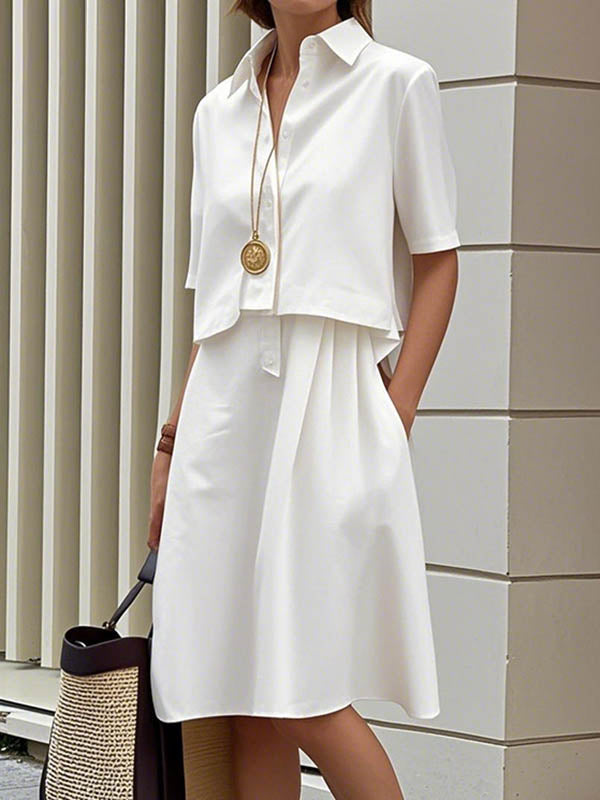 Buttoned Solid Color Midi Shirt Dress with False Two Half Sleeves