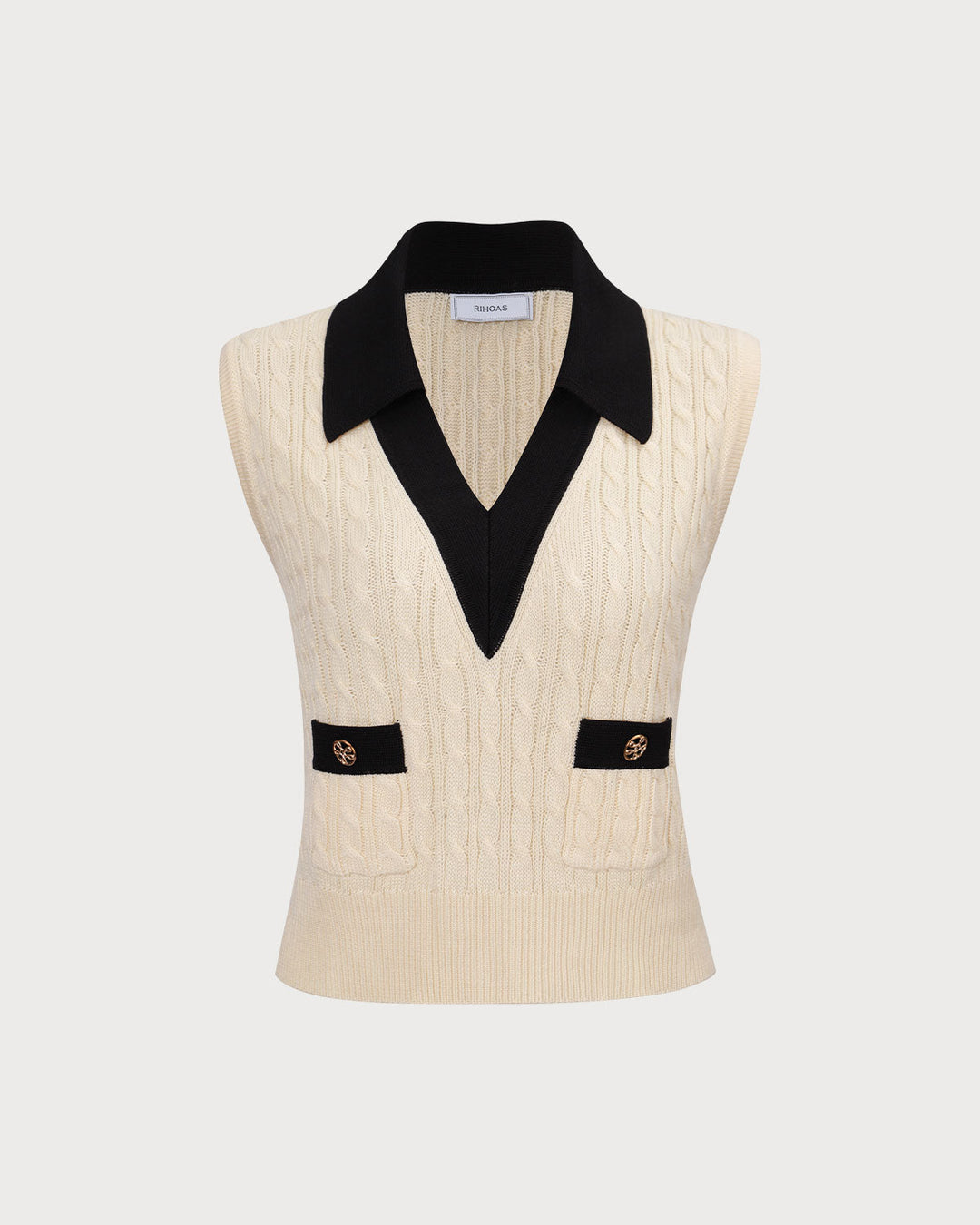 Aprikosenfarbenes Stricktanktop mit Kragen und Farbblockdesign