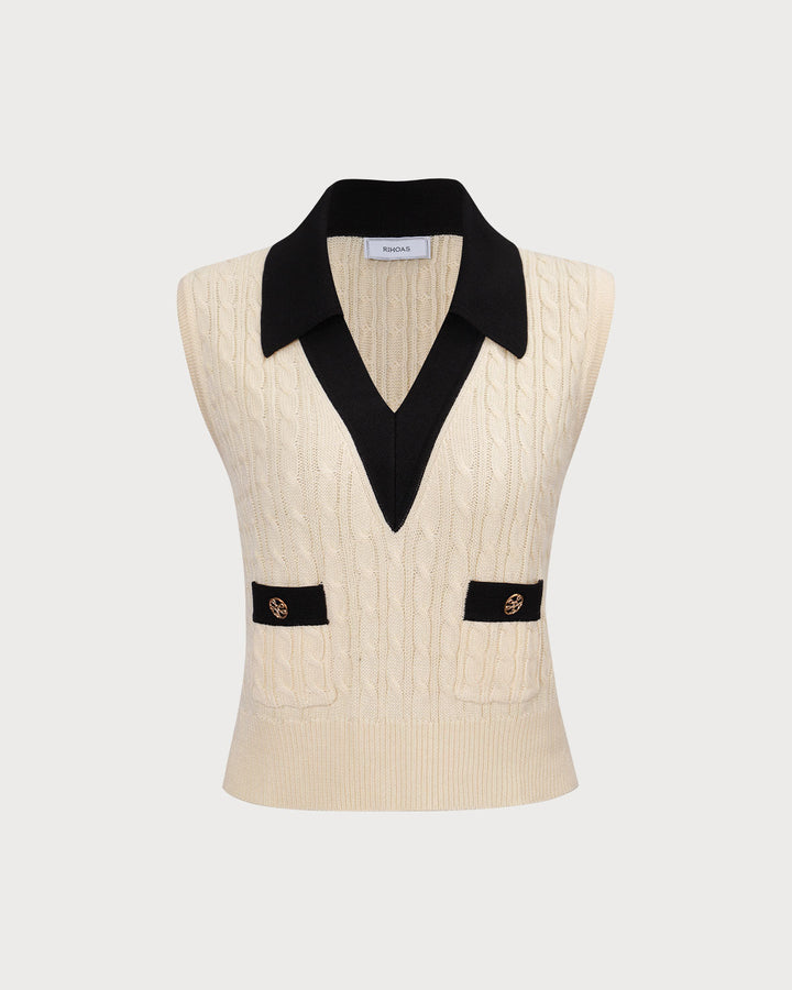 Aprikosenfarbenes Stricktanktop mit Kragen und Farbblockdesign