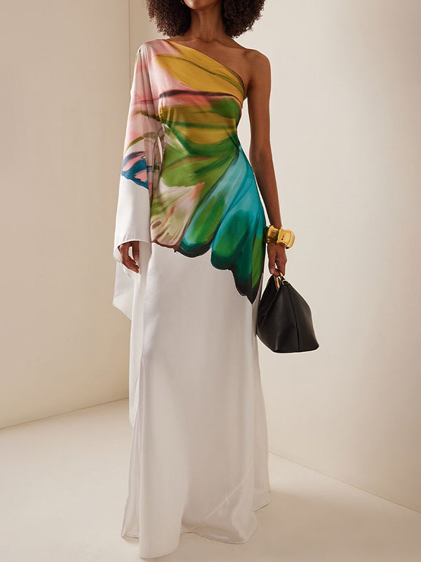 One-Shoulder Maxi Dress with Long Sleeves and Asymmetric Flower Print