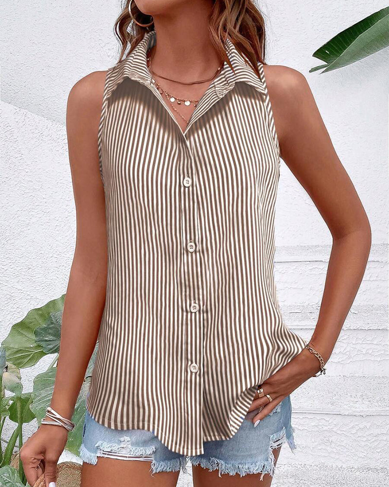 Striped Sleeveless Collared Tank Top